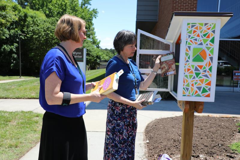library staff putting books in free little libraries 