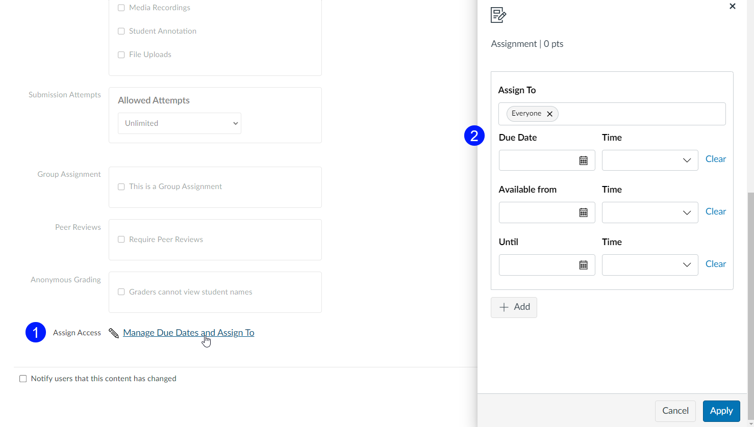 In the Assign Access area of an assignment's settings, click the Manage Due Dates and Assign To link and the Assign To tray flies out from the righthand side of the screen.