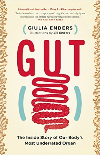 A tan cover with a comic-style representation of the intestines leading from the title of the book, Gut