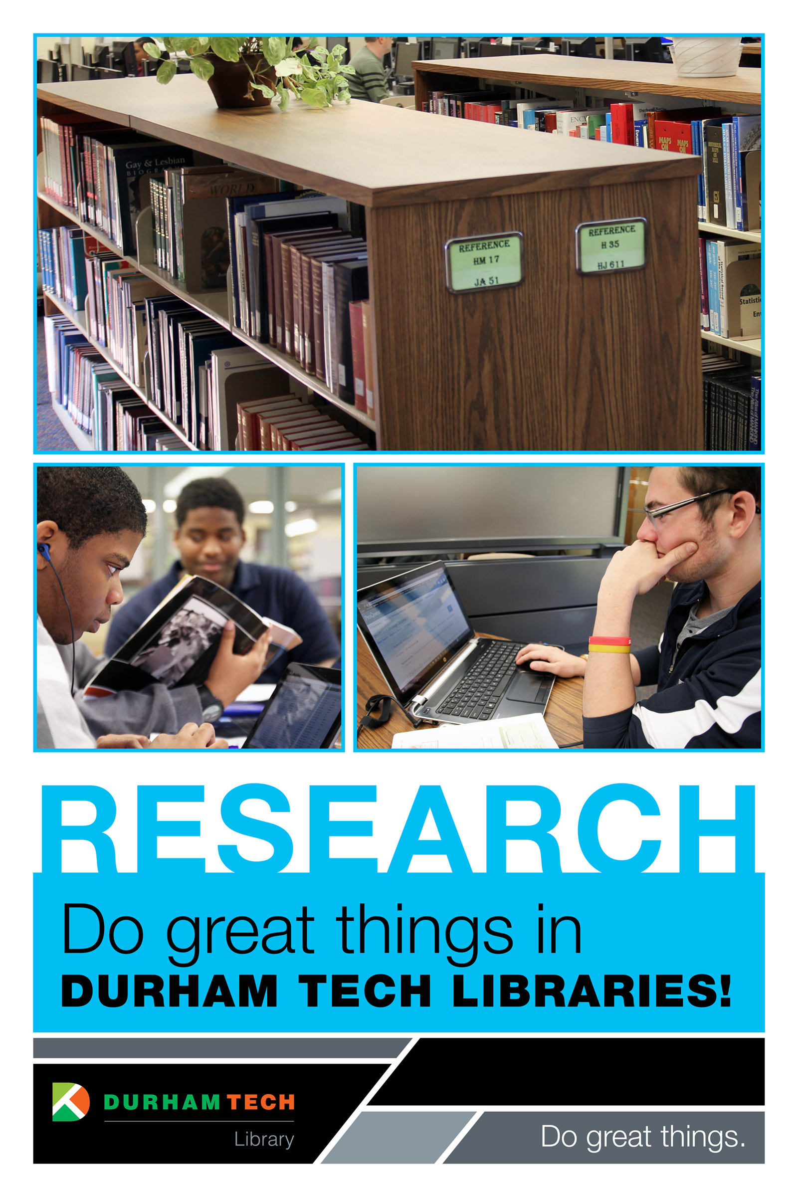 Reference shelves, students studying at laptop computers and using books