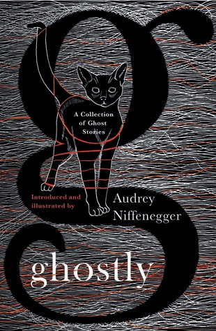 A black cat on a grey and white background.