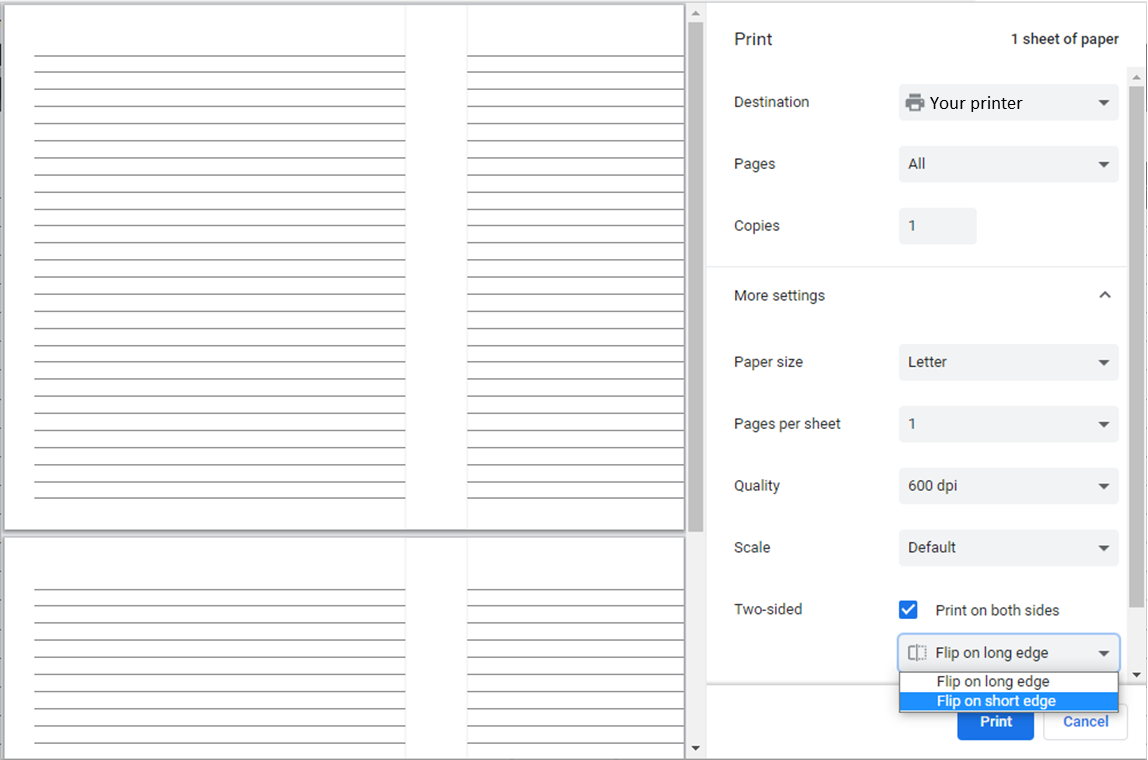 Print menu showing double-sided, short edge printing option (in Advanced printing options)