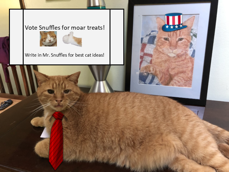 Mr. Snuffles' campaign poster-- Vote Snuffles for moar treats. He is wearing a tie and has a very distinguished portrait behind him with an Uncle Sam hat to show his patriotic competence.
