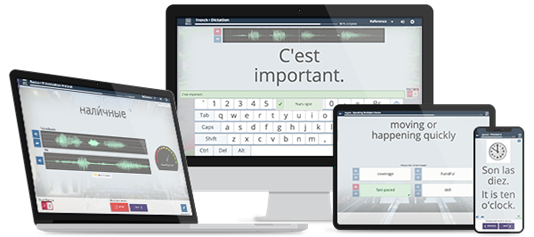 Image of laptop, desktop computer monitor, tablet, and smartphone-- all can be used to access Transparent Language Online!