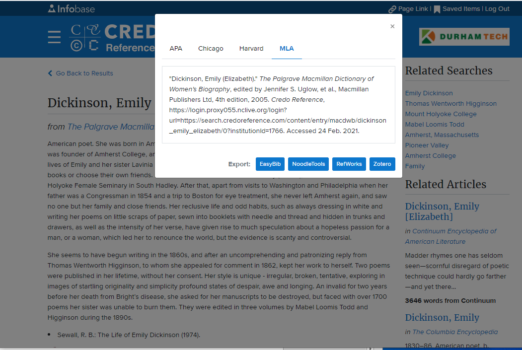 Cite now with sample MLA citation for Emily Dickinson from Palgrave's