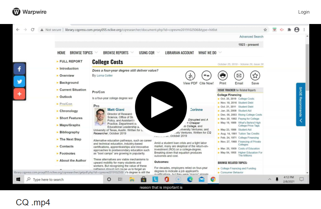 Screenshot of landing page for CQ Researcher intro and basic tutorial WarpWire Video. Click on image to view video in new tab.