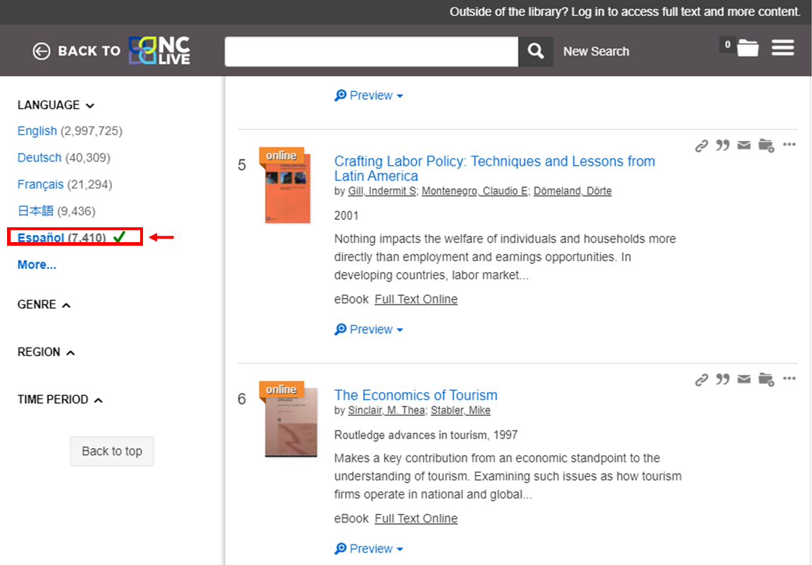 The results page of the NC LIVE ebooks search with limiter option Langauge, Español highlighted