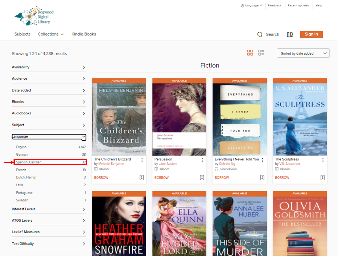 A picture of the Fiction Subject page with Language, Spanish, Castilian highlighted