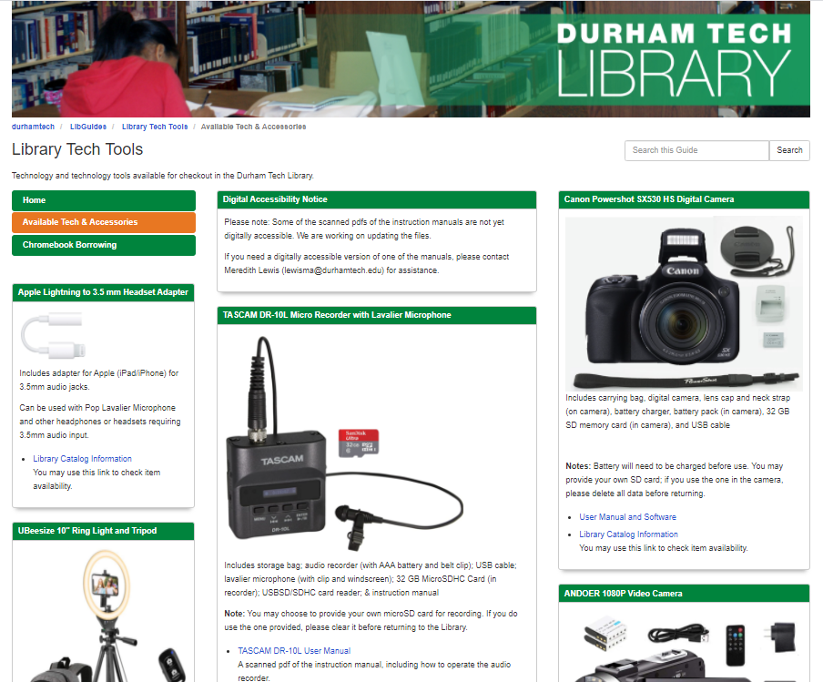 Library Tech Tools Available Tech & Accessories page, including a digital accessibility notice, and some of the tech tools: Canon Powershot, TASCAM micro recorder, Apple Lightning Adapter, ANDOER video camera, and UBeesize 10" Ring Light and Tripod (more are on the page).