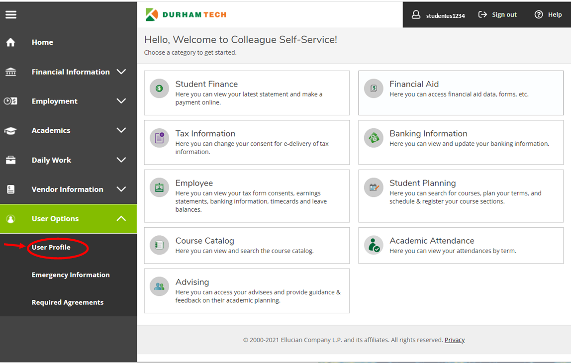 Self-Service screenshot-- edit name and display pronouns by editing User Profile under User Options