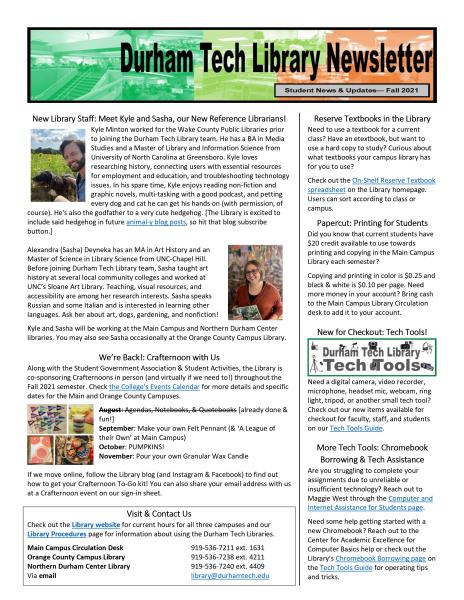 Durham Tech Library Newsletter- Student News & Updates, Fall 2021