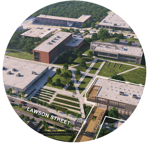 overhead image of artistic rendering of main campus with the two new buildings