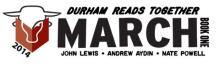 A bull reads a red book. Text says, "2014 Durham Reads Together March: Book One. John Lewis. Andrew Aydin. Nate Powell.