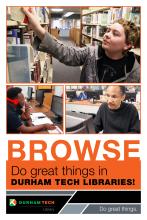 Student looking at books on shelf and two students working on computers in library labs