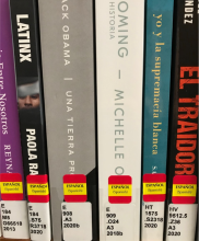 Close up of some book spines with the new ESPAÑOL (Spanish) stickers on them