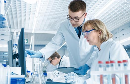 Researchers in a lab view and point at a computer screen