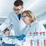 Researchers in a lab view and point at a computer screen